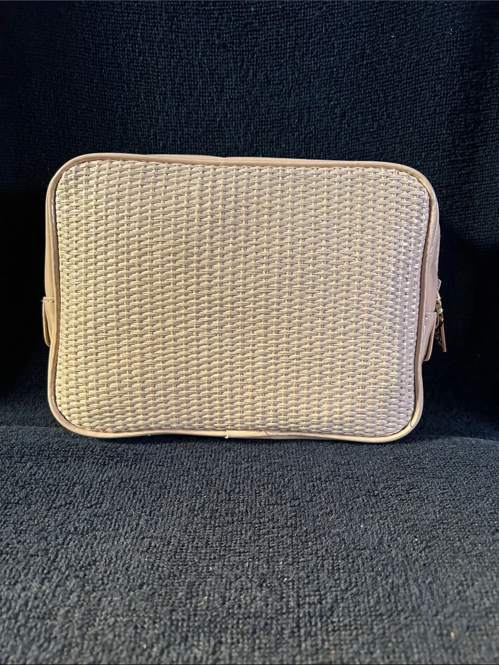 Versace Parfums Cream Woven Straw Cosmetic Bag with Rectangular Gold Logo Plaque